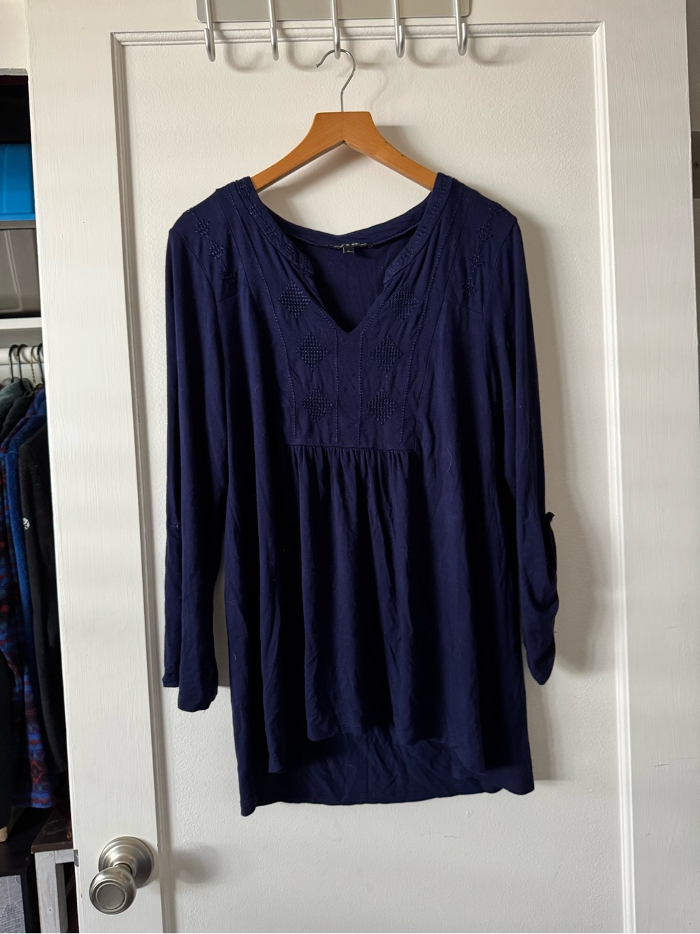 Cable & Gauge Navy Embroidered V-Neck Tunic